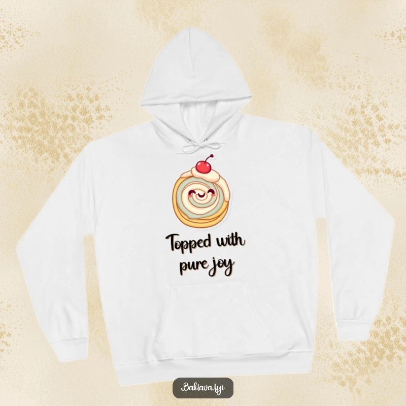Funny pastry character happily twirling with a cherry on top, cozy and sweet funny hoodie.