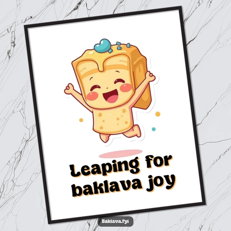 Funny Free Printable Kitchen Wall Art showing a baklava piece leaping with joy, full of sweet, dynamic energy.
