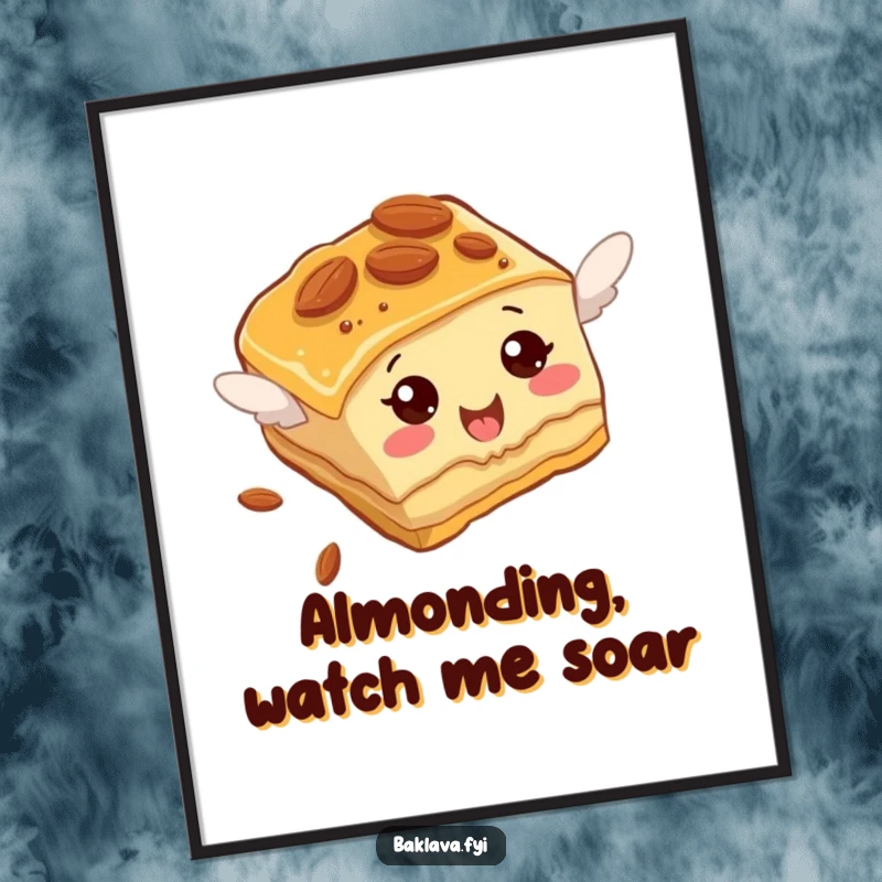 Funny Free Printable Baklava wall art of a slice with almonds hilariously attempting to fly, adding quirky ambition.