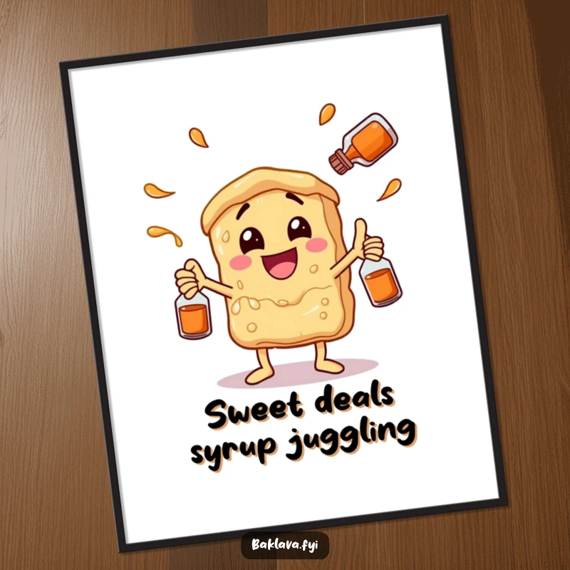 Funny Free Printable Wall Art, a baklava character juggling syrup bottles with glee, adding playful sweetness to decor.