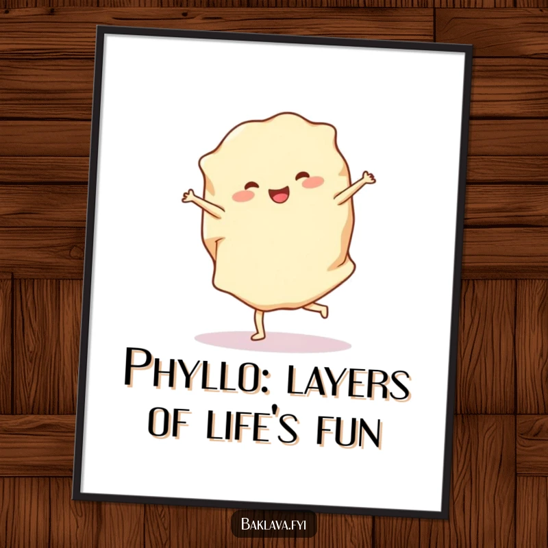 Funny Free Printable Phyllo Dough Wall Art: A cheerful phyllo dough sheet doing an energetic cartwheel.