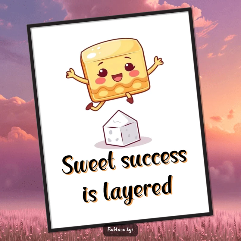 Free Printable Wall Art: A playful baklava square jumps energetically over a tiny sugar crystal.