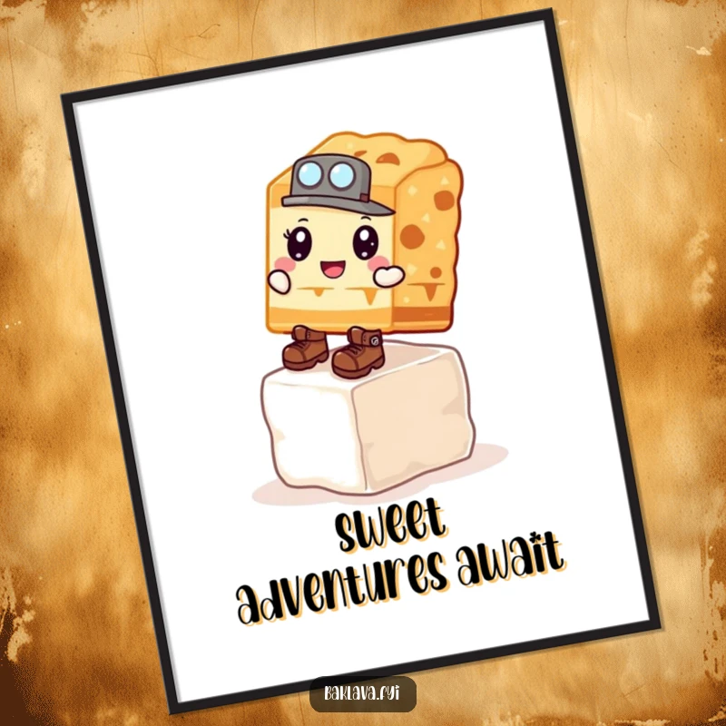 Funny Free Printable Wall Art: Baklava in tiny explorer boots determinedly climbs a sugar cube, a mini-adventure on your wall.