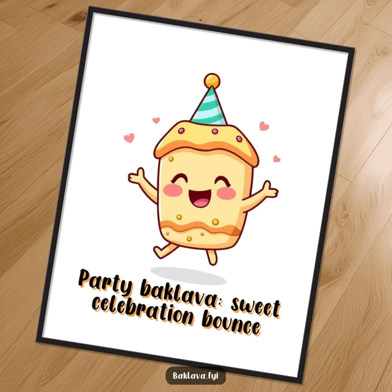 Funny Free Printable Wall Art: A baklava character in a party hat is joyfully bouncing high.