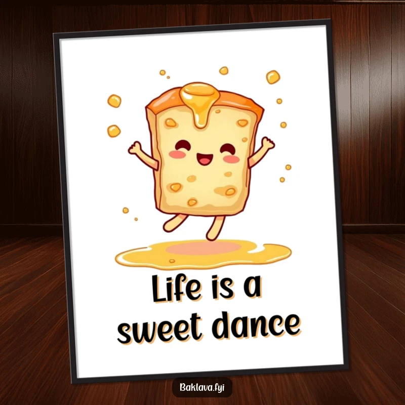 Funny Free Printable Wall Art: A slice of baklava dancing energetically with a dramatic flourish of syrup.