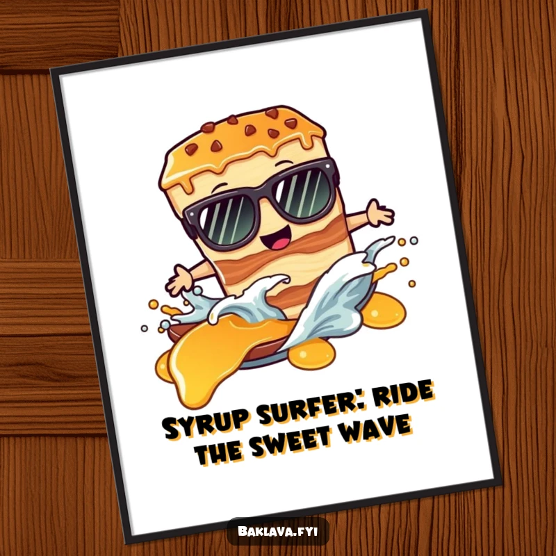 Funny Free Printable Wall Art: A baklava slice wearing sunglasses surfs a giant wave of syrup.