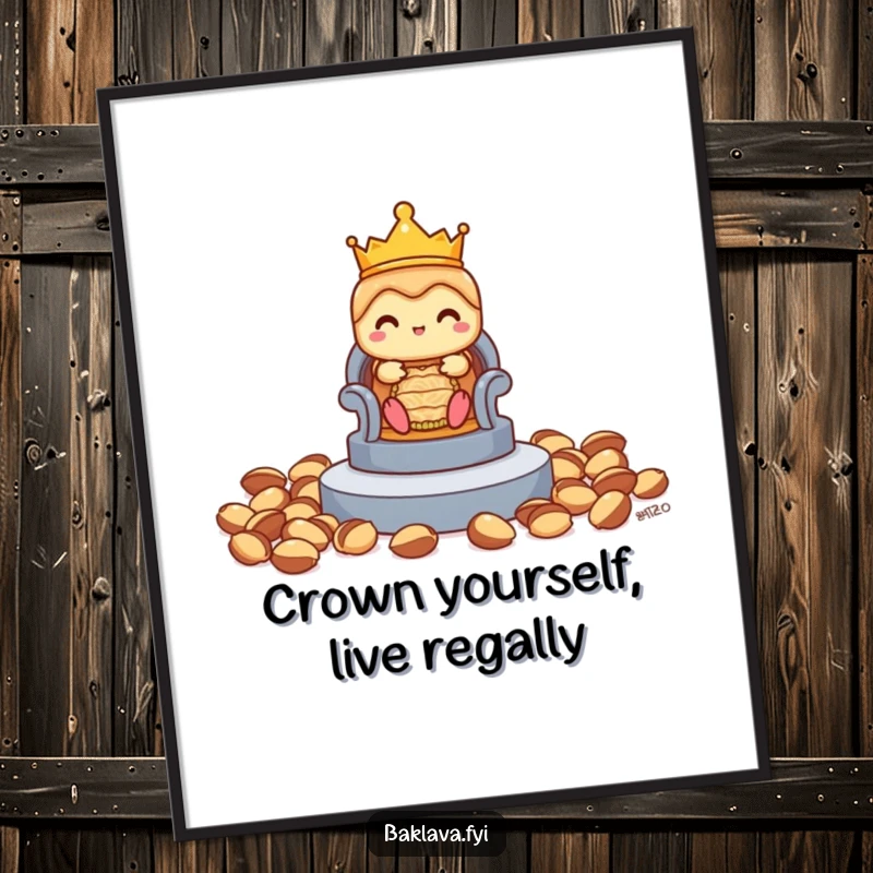 Funny Free Printable Wall Art of a shy baklava wearing a tiny crown, cautiously sitting upon a pistachio throne, radiating regal charm.