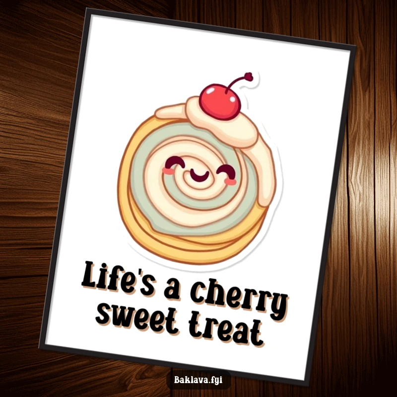 Funny Free Printable Wall Art: A layered pastry joyfully twirling with a cherry on top, cute food art.