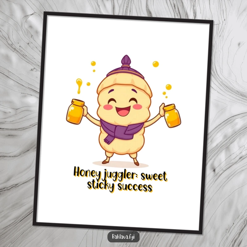Funny Free Printable Wall Art: A happy baklava character juggling several honey jars with impressive skill.
