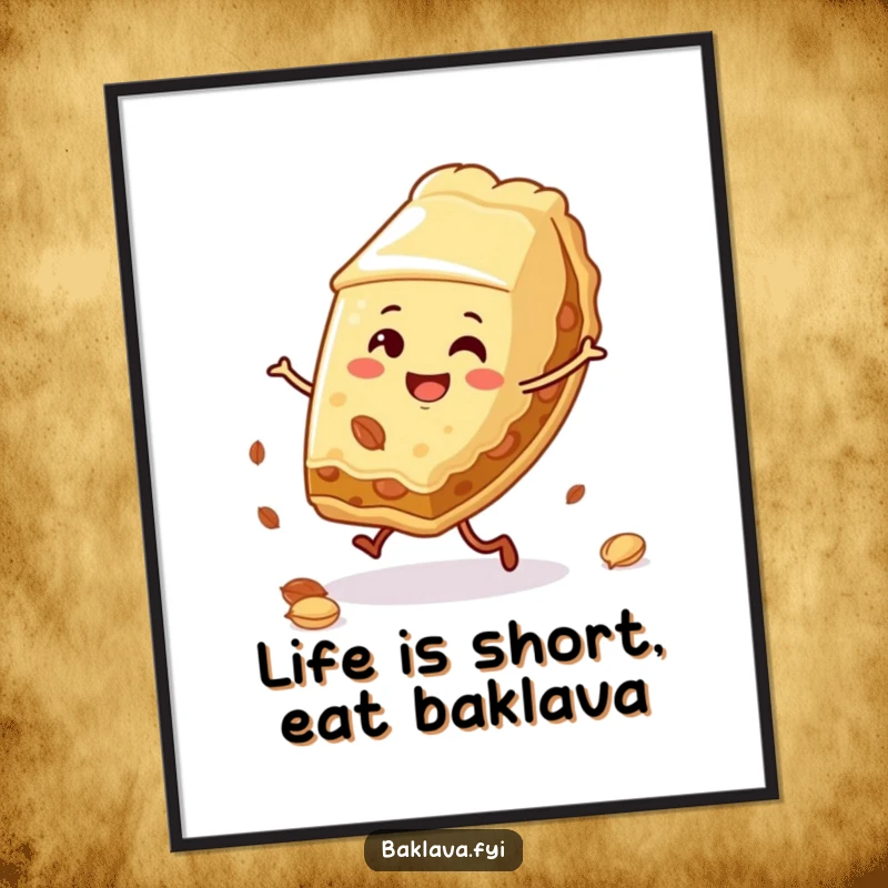 Funny Free Printable Wall Art: A baklava slice joyfully does a cartwheel with nuts scattered around.