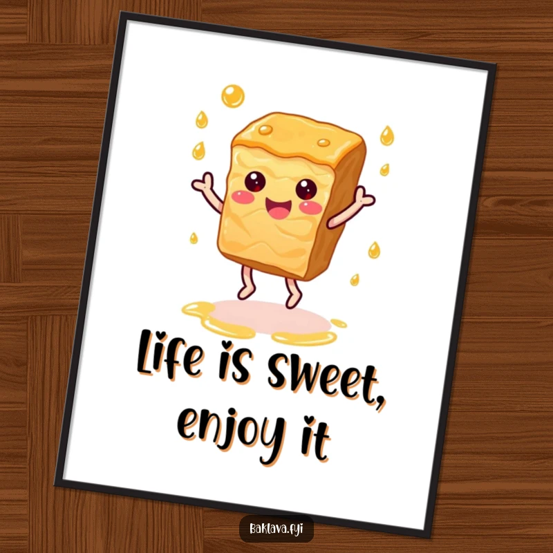 Funny Free Printable Wall Art: A happy baklava slice is dancing, surrounded by glistening syrup droplets.
