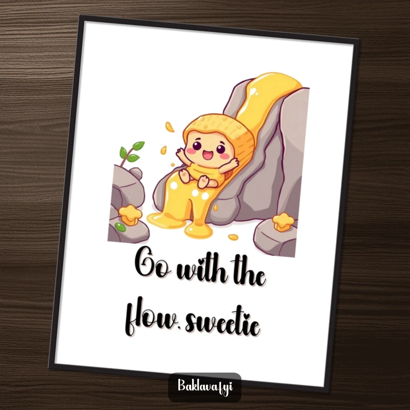Funny Free Printable Wall Art: A cheerful baklava character gleefully slides down a flowing honey waterfall.