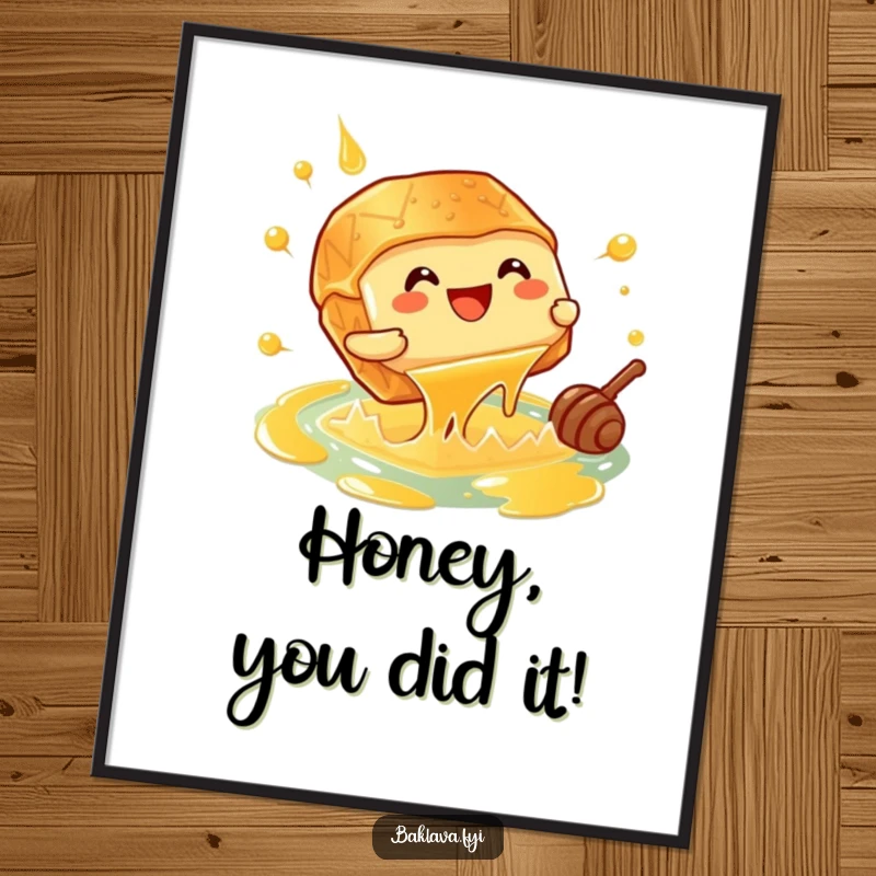 Funny Free Printable Wall Art: A giggling baklava piece enthusiastically does a cannonball into a sticky honey pool.