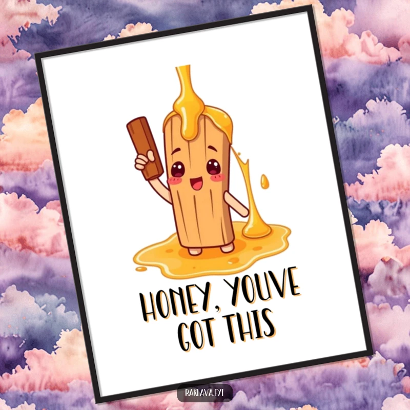 Funny Free Printable Wall Art: Comical cinnamon stick character saluting a giant honey drizzle, adding humor.