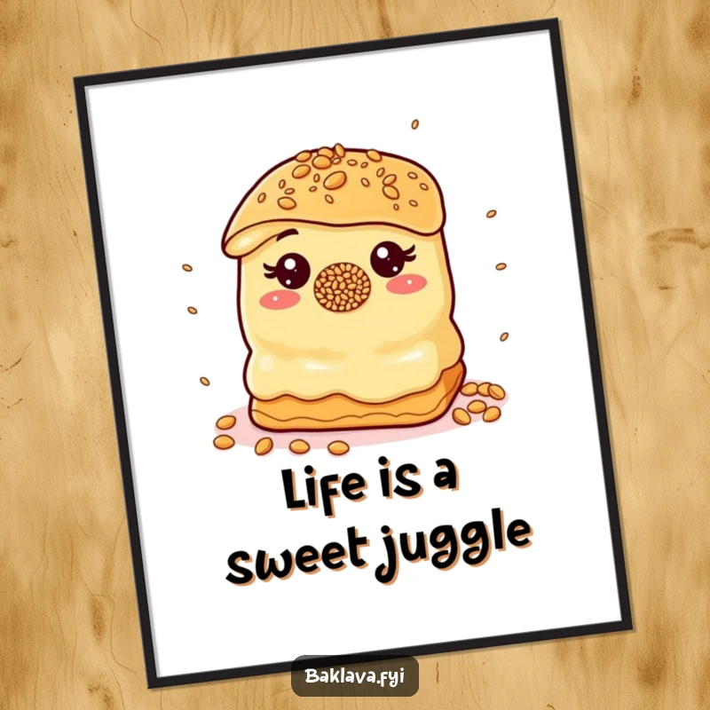 Funny Free Printable Wall Art: Baklava with a sprinkle nose skillfully juggles sesame seeds, a dynamic and amusing piece.