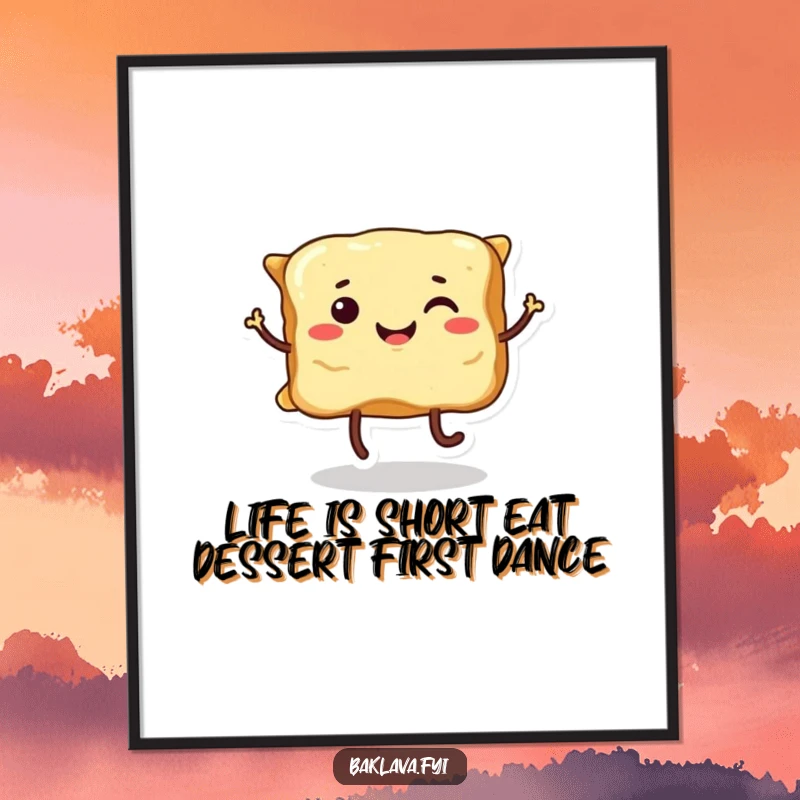 Funny Free Printable Wall Art: A smiling piece of baklava with legs doing a playful dance, perfect for whimsical decor.