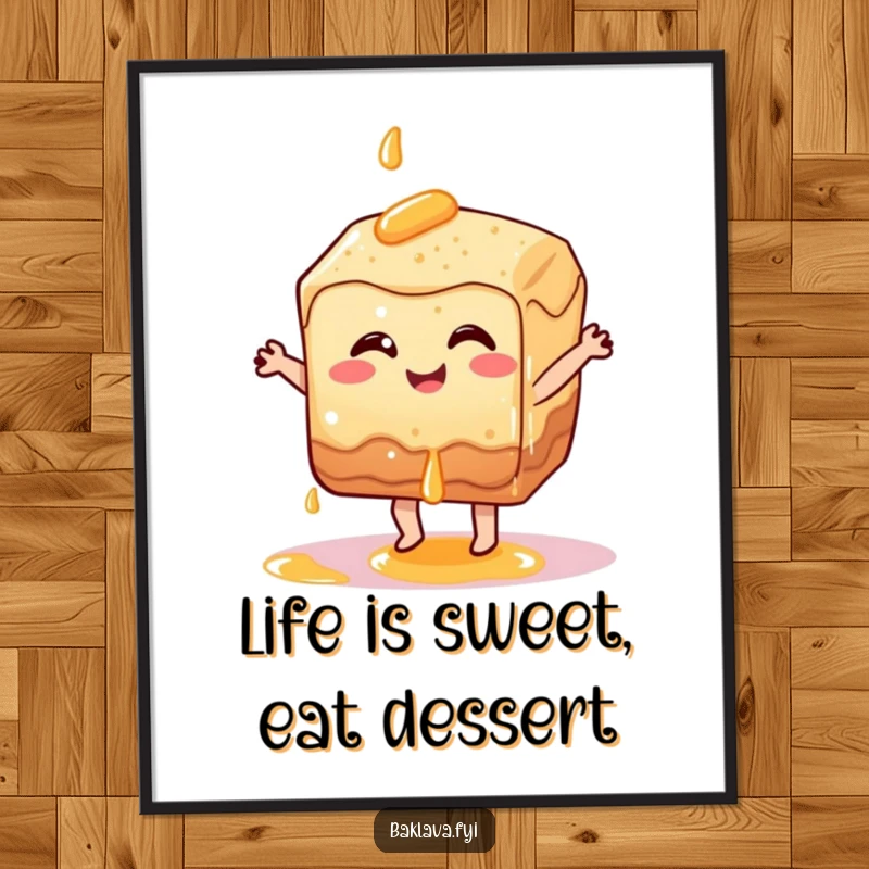 Funny Free Printable Wall Art: A smiling baklava slice doing a happy dance with dripping syrup, food art.