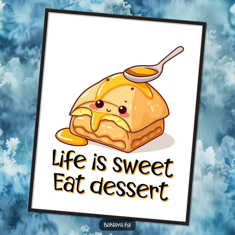 Funny free printable wall art: a curious baklava character joyfully tasting honey with a tiny spoon.