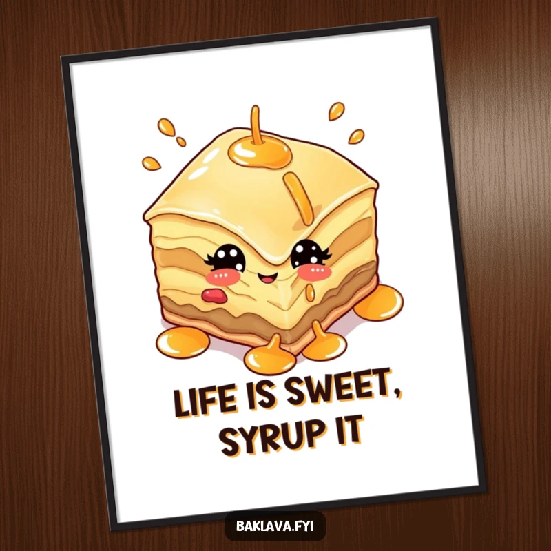 Funny Free Printable Wall Art featuring a piece of baklava with eyes winking playfully while juggling bottles of sweet syrup.