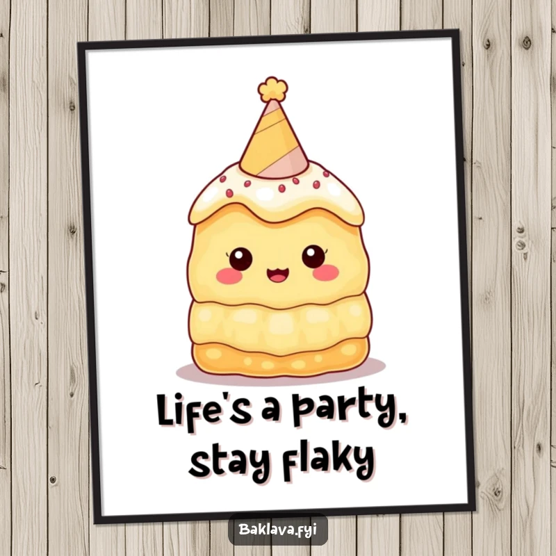 Funny Free Printable Wall Art featuring a baklava character wearing a tiny party hat, adding a sweet and humorous touch to any room.