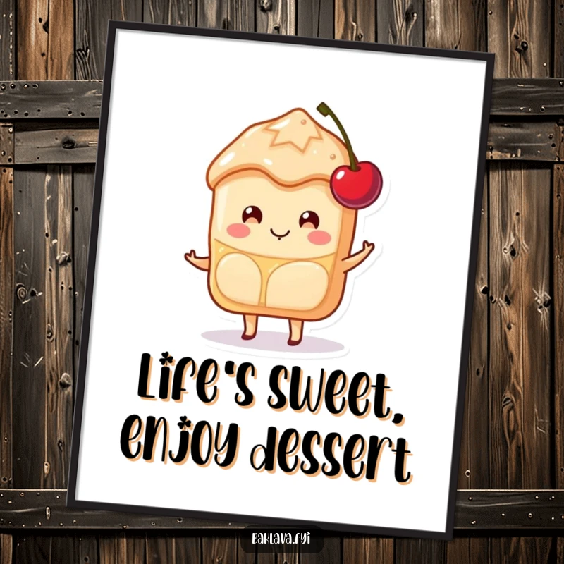 Funny Free Printable Baklava wall art of a happy slice with a sweet smile, balancing a cherry, bringing smiles.