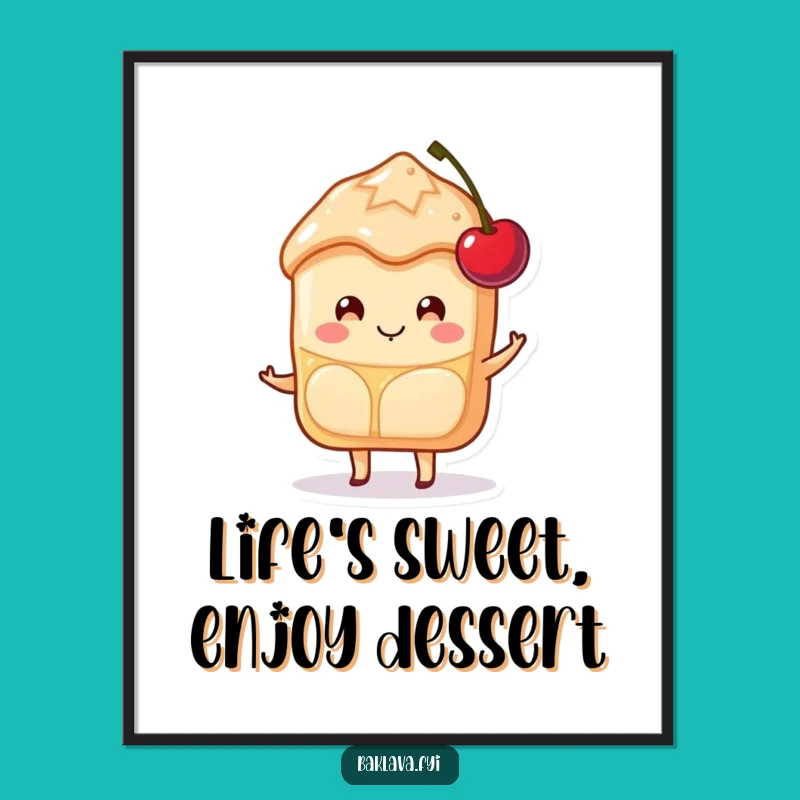 Free Printable Baklava Wall Art: Happy Cherry-Balancing Slice Funny Downloadable Decor