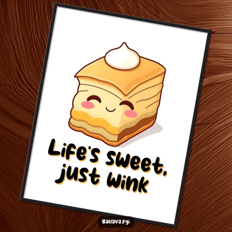 Funny Free Printable Wall Art, a smiling slice of baklava winking with cream, adding sweet charm to decor.