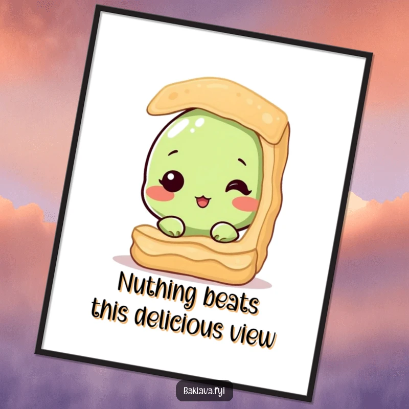 Funny Free Printable Wall Art: A bashful pistachio nut timidly peeks from behind a sweet, flaky baklava layer, adding charm.