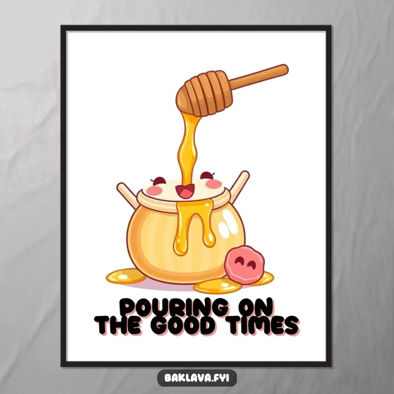 Funny free printable wall art of a joyful honey pot pouring sweet syrup, adding a delightful and humorous touch to any room.