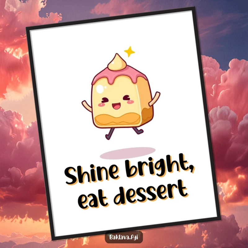 Funny Free Printable Baklava wall art of a whimsical slice with a sparkle, doing a little jump, adding playful energy.