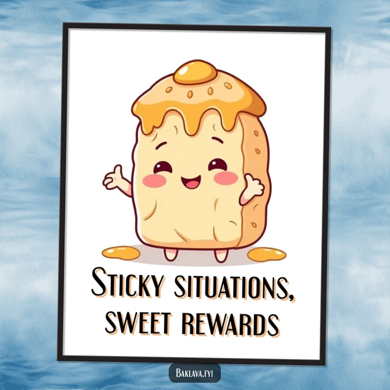 Funny Free Printable Wall Art: A smiling baklava with arms gives a giant honey pot a loving hug, sweet and amusing.