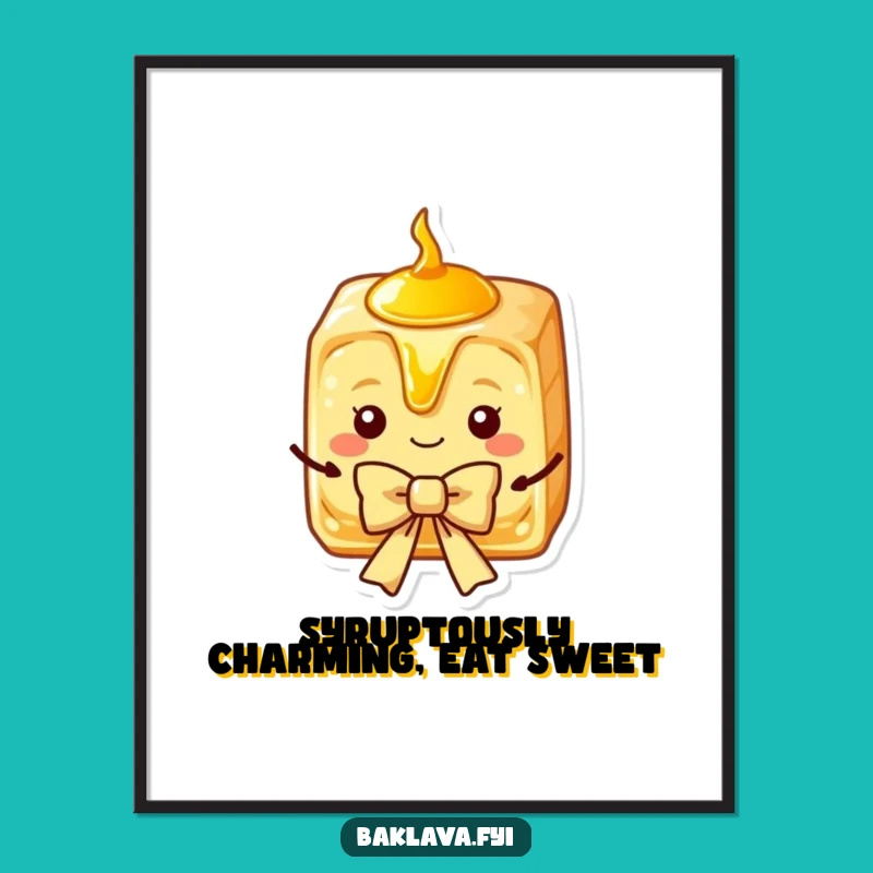 Free Printable Baklava Wall Art: Charming Syrup Slice Presenting Bow Funny Downloadable Decor