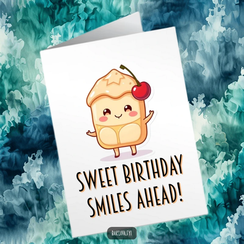 Funny Free Printable Baklava birthday card featuring a happy slice with a sweet smile, carefully balancing a cherry, wishing joy.