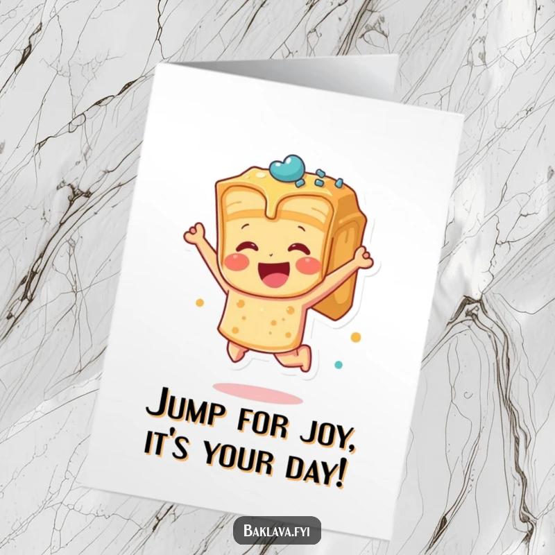 Funny Free Printable Birthday Card showing a baklava piece joyfully leaping, celebrating with sweet energy.