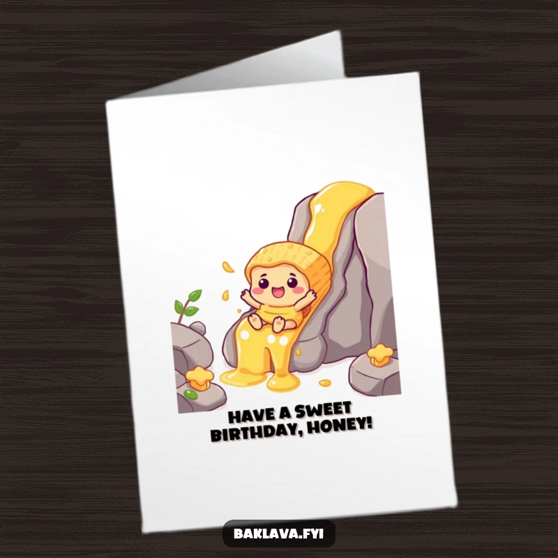 Funny Free Printable Birthday Card: Cheerful baklava character slides down a delicious honey waterfall.