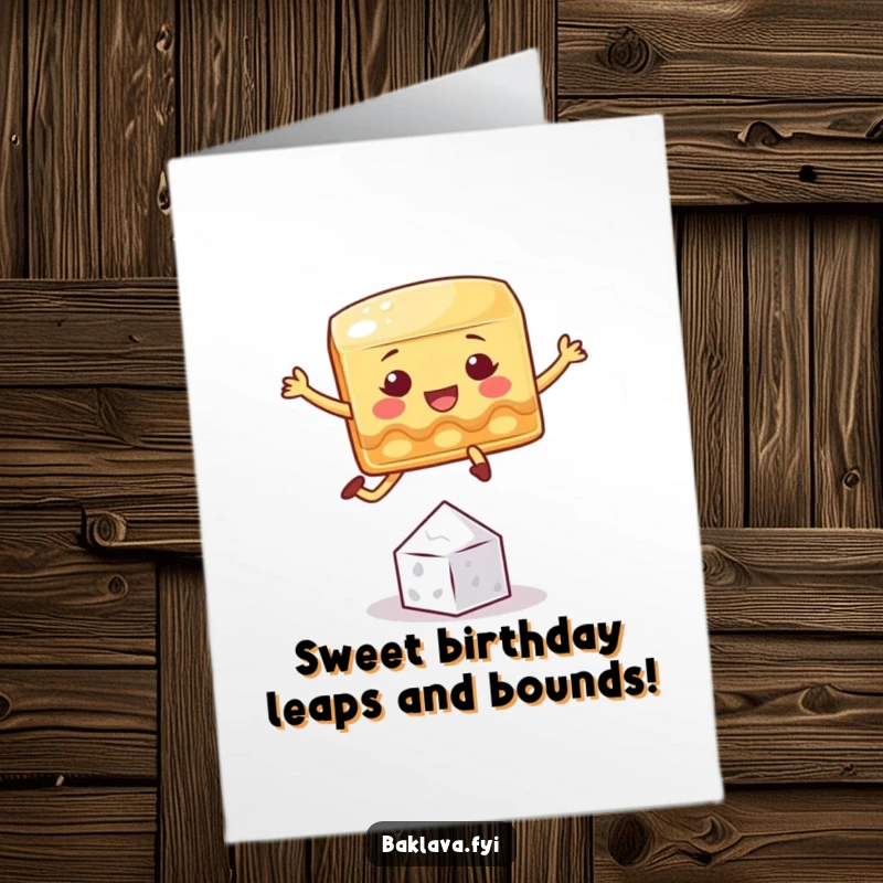 Free Printable Birthday Card: A playful baklava square leaps energetically over a tiny sugar crystal.