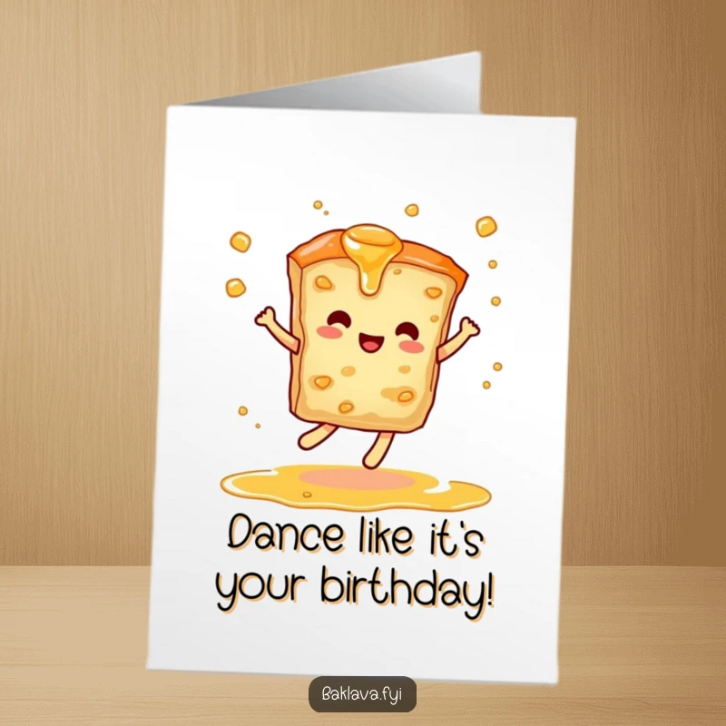 Funny Free Printable Birthday Card: A slice of baklava dancing with a flourish, syrup dripping elegantly.