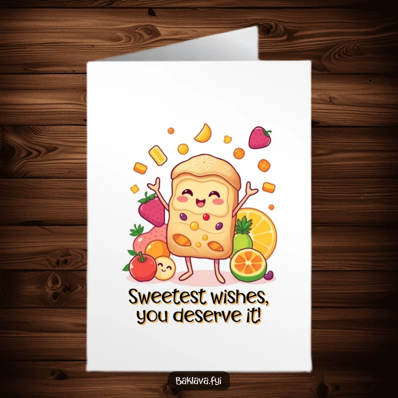 Funny Free Printable Birthday Card featuring a cheerful baklava character joyfully juggling colorful candied fruits, ready to celebrate.