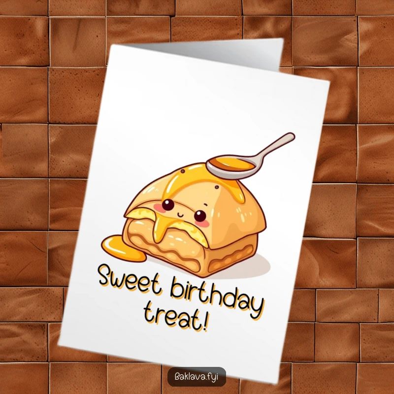 Funny free printable birthday card: a curious piece of baklava with a tiny spoon happily tasting honey.