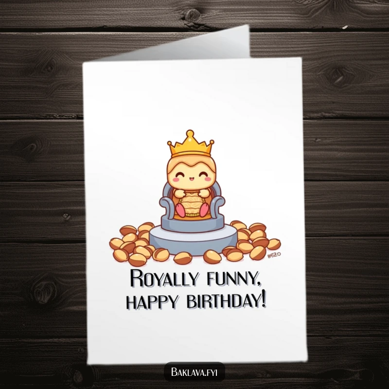Funny Free Printable Birthday Card showing a shy baklava wearing a tiny crown, hesitantly approaching a pistachio throne, ready to reign.