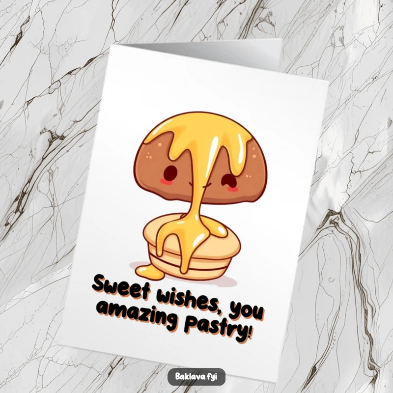 Funny free printable birthday card with a cheerful syrup drizzle cascading over a delicious pastry, a sweet and tasty treat.