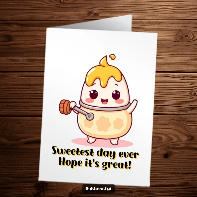 Funny Free Printable Birthday Card: Kawaii honey pot character with a tiny ladle, stirring with sweet birthday excitement.