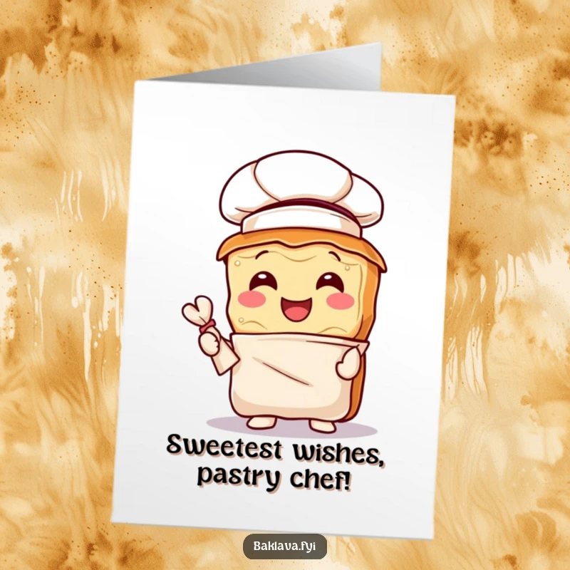 Funny Free Printable Chef Baklava Card: Joyful pastry with chef hat and pastry bag, ready to bake birthday wishes.