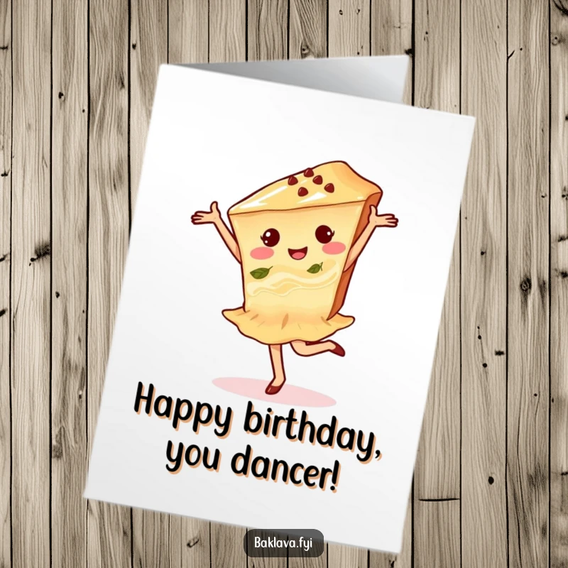 Funny Free Printable Dancing Baklava Birthday Card: Delighted pastry slice performing a graceful pirouette with a smile.