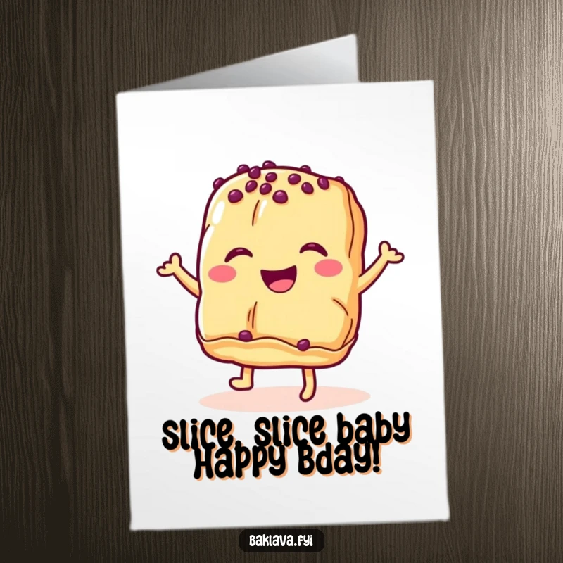 Funny free printable birthday card featuring a smiling baklava pastry doing a joyous happy dance, spreading cheer and sweetness.