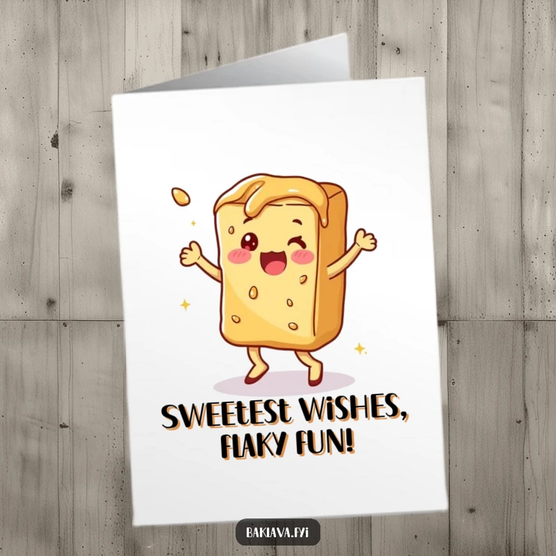 Funny Free Printable Baklava Card: A piece of syrupy baklava doing a joyful dance, perfect for birthdays.