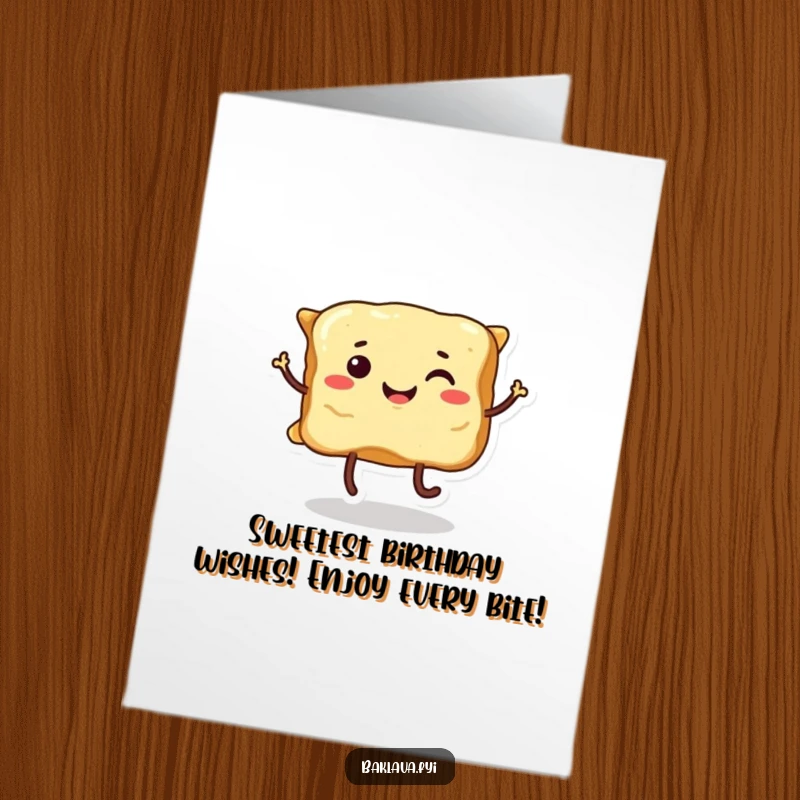 Funny Free Printable Birthday Card: A smiling piece of baklava with legs doing a happy dance, wishing happy birthday.