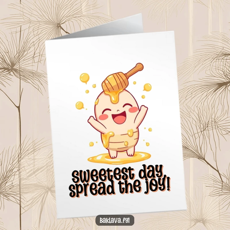 Funny Free Printable Honey Dipper Birthday Card: A laughing honey dipper playfully sprinkling sweet, golden swirls.