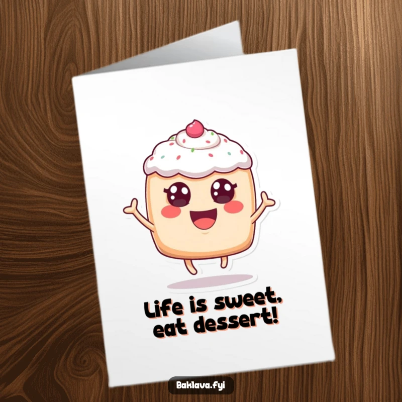 Funny Free Printable Birthday Card: A cheerful pastry with frosting eyes leaping for joy, celebrating a birthday.