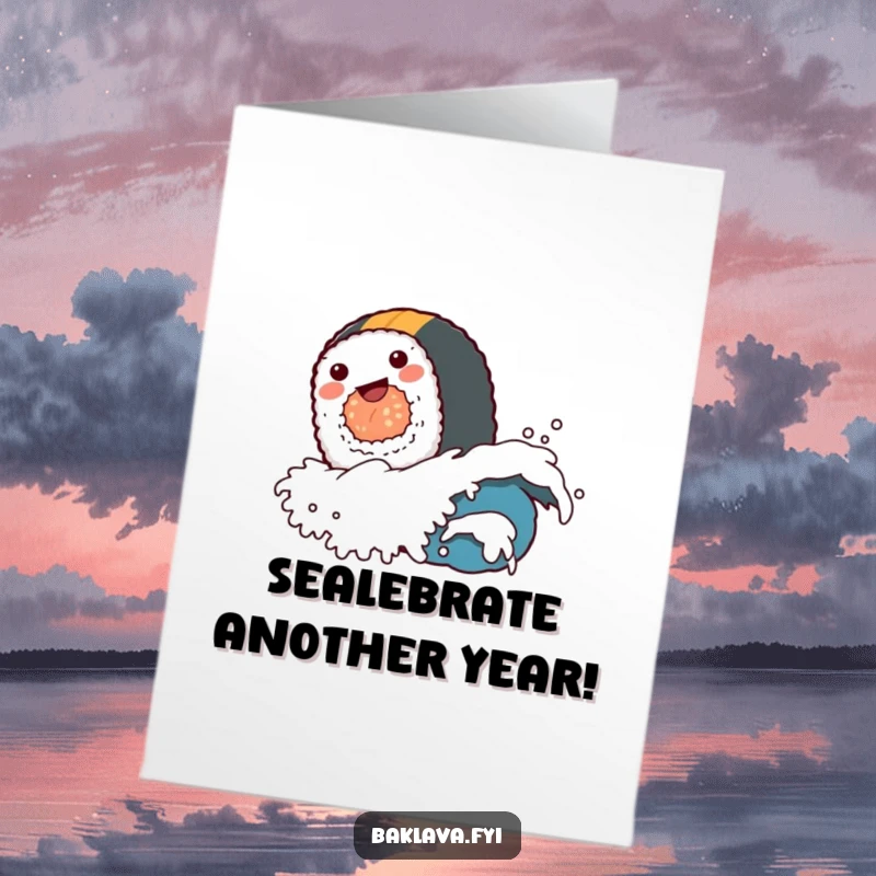 Funny Free Printable Birthday Card: A delighted sushi roll joyfully rides a tiny wave, perfect for a humorous greeting card.